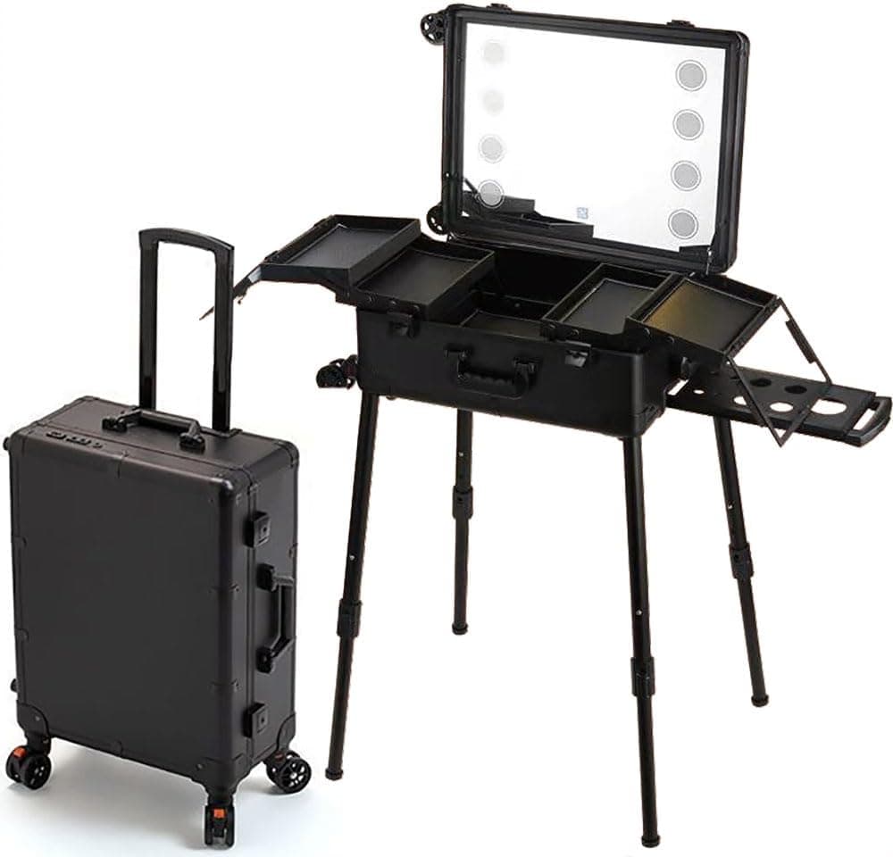 چمدان Professional Makeup Trolley Case, Large Capacity Travel Cosmetics Organizer with Stand & Wheels, Rolling Vanity Train Case with Mirror & Led Light for Hair, Beauty & Makup Artists (Black, 21 inch)