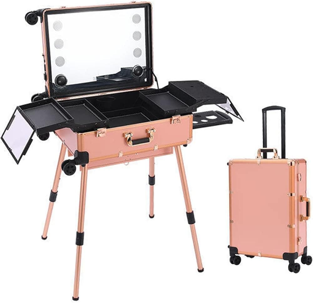 چمدان Professional Makeup Trolley Case, Travel Cosmetics Organizer with Stand & Wheels, Rolling Vanity Train Case with Led Light & Bluetooth Music for Hair, Beauty & Makup Artists (Pink, 24 inch)
