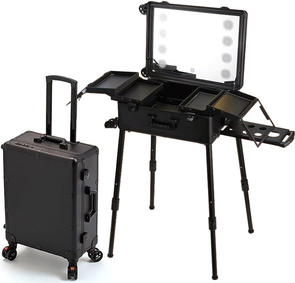 چمدان Professional Makeup Trolley Case, Large Capacity Travel Cosmetics Organizer with Stand & Wheels, Rolling Vanity Train Case with Mirror & Led Light for Hair, Beauty & Makup Artists (Black, 21 inch)